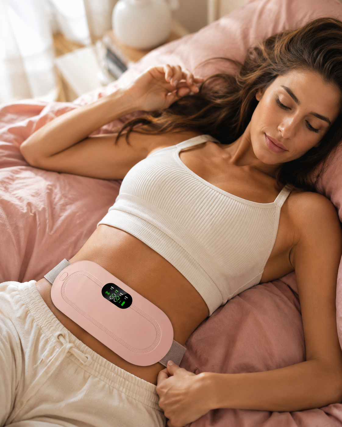 CrampCalm Aura heating belt worn under clothing, showing its slim discreet profile