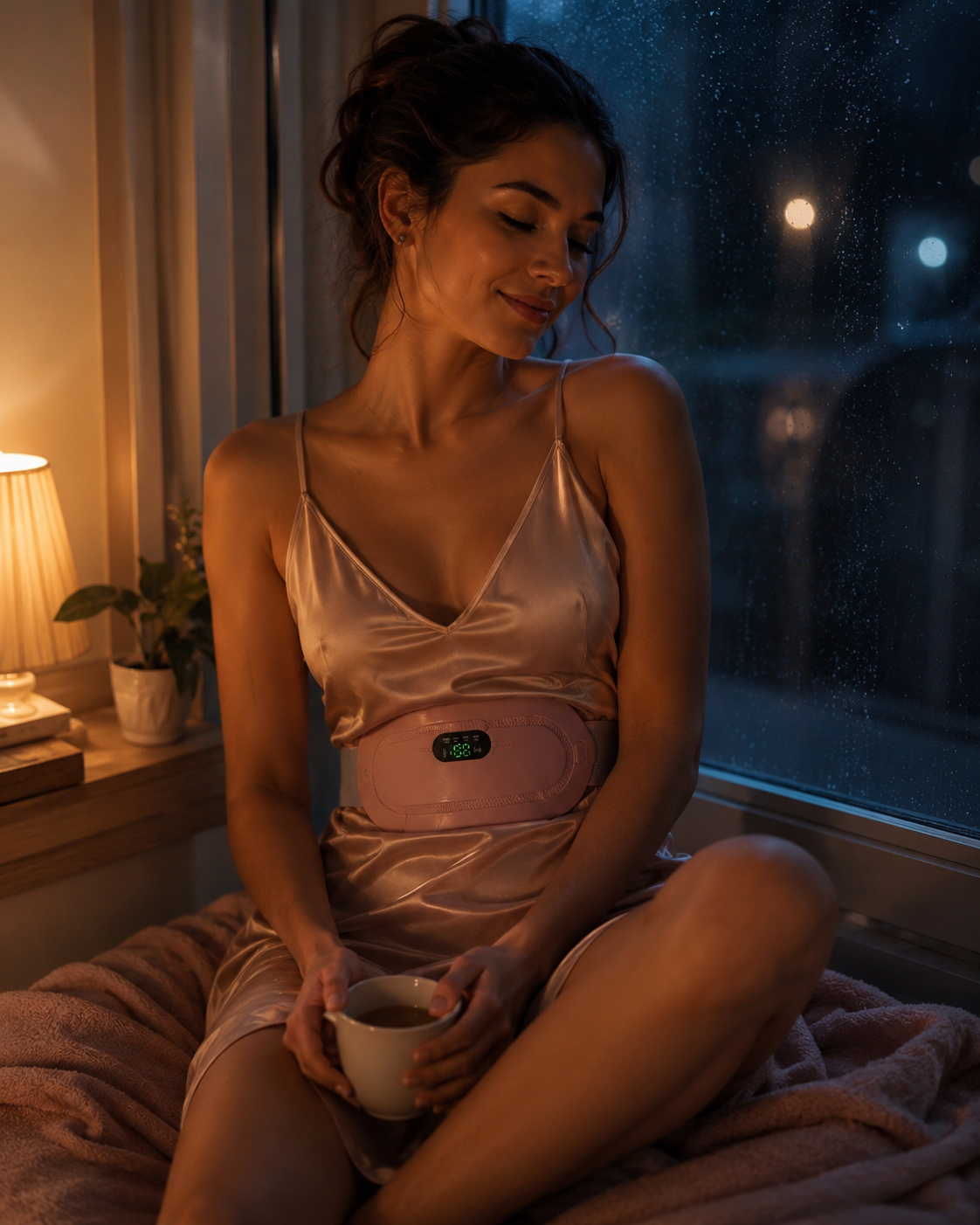 CrampCalm Aura cordless heating belt resting on a neutral surface