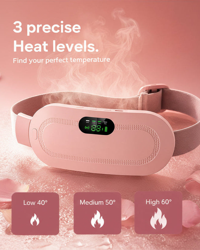 CrampCalm Aura heating belt worn while relaxing at home