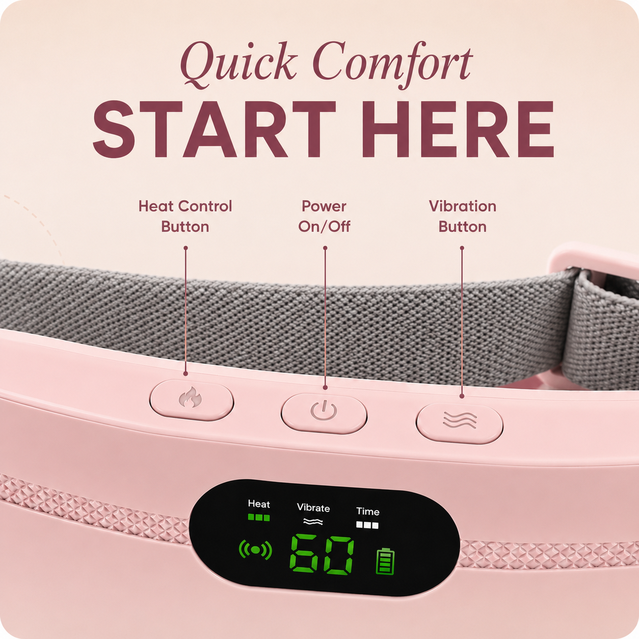 CrampCalm Aura heating belt controls close-up with heat and massage mode buttons